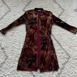 90s beautiful velvet duster with asian fan pattern - Petite Medium CLEO